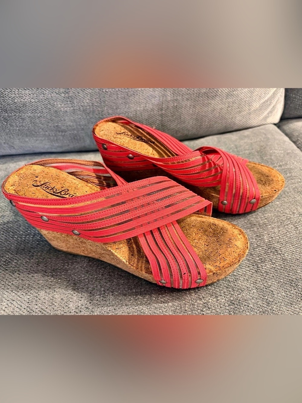 Lucky Brand Myraia Coral Striped Cork Wedge Sandals Size 7.5